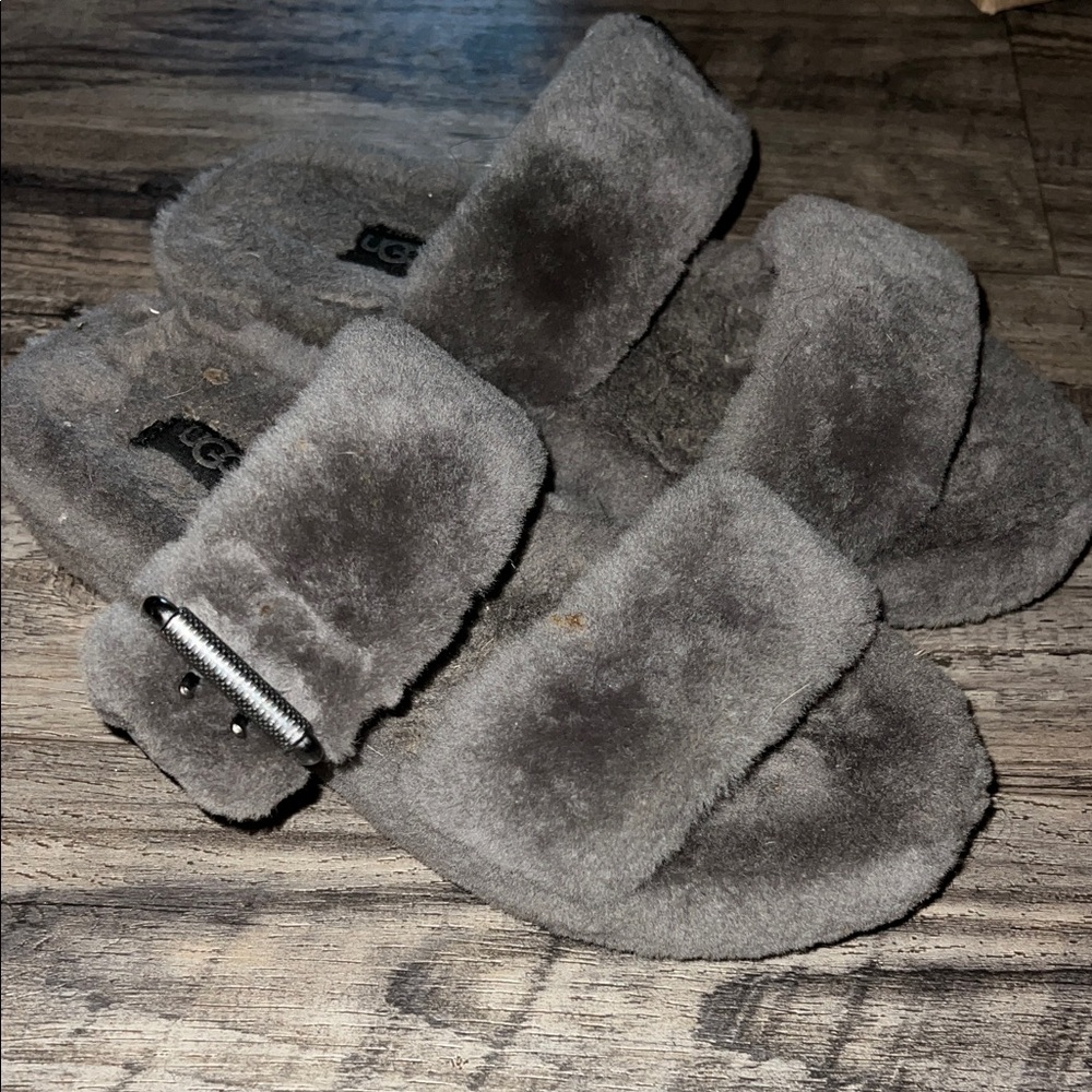 UGG Charcoal Fuzzy Slide Slippers